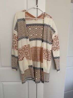 Hem & Thread Open-Front Geometric Cardigan - Cream, Tan & Black